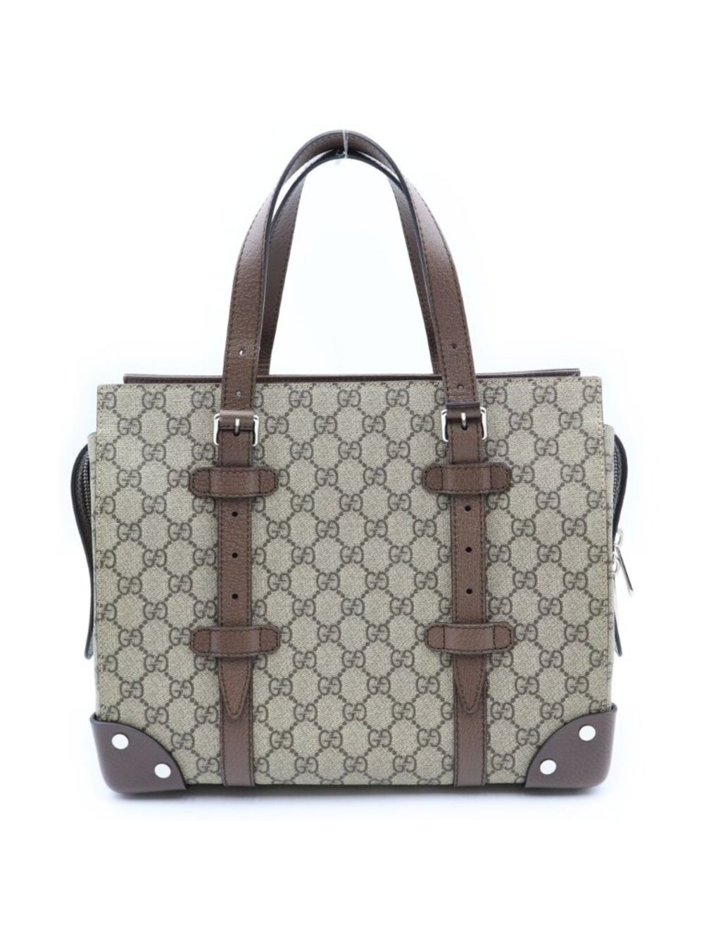 Gucci GG Supreme Tote Bag Beige Brown Leather Silver